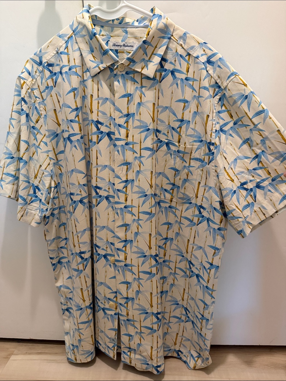 Tommy Bahama Cream Short-Sleeve Shirt with Blue Bamboo Print